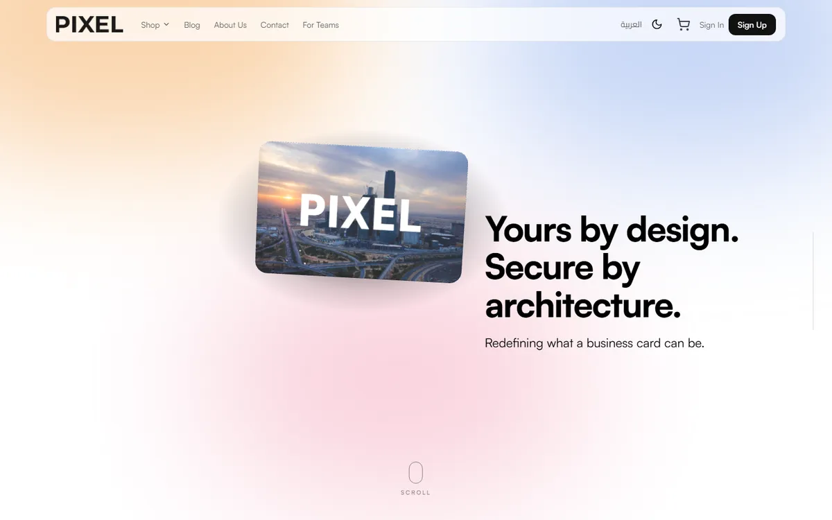 Page d'accueil de pixel-nfc.com : carte 3D et slogan « Yours by design. Secure by architecture. »