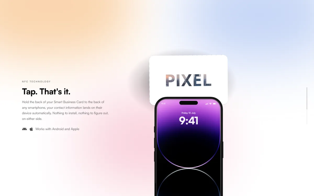 Un iPhone monte devant la carte PIXEL, section « Tap. That's it. ».