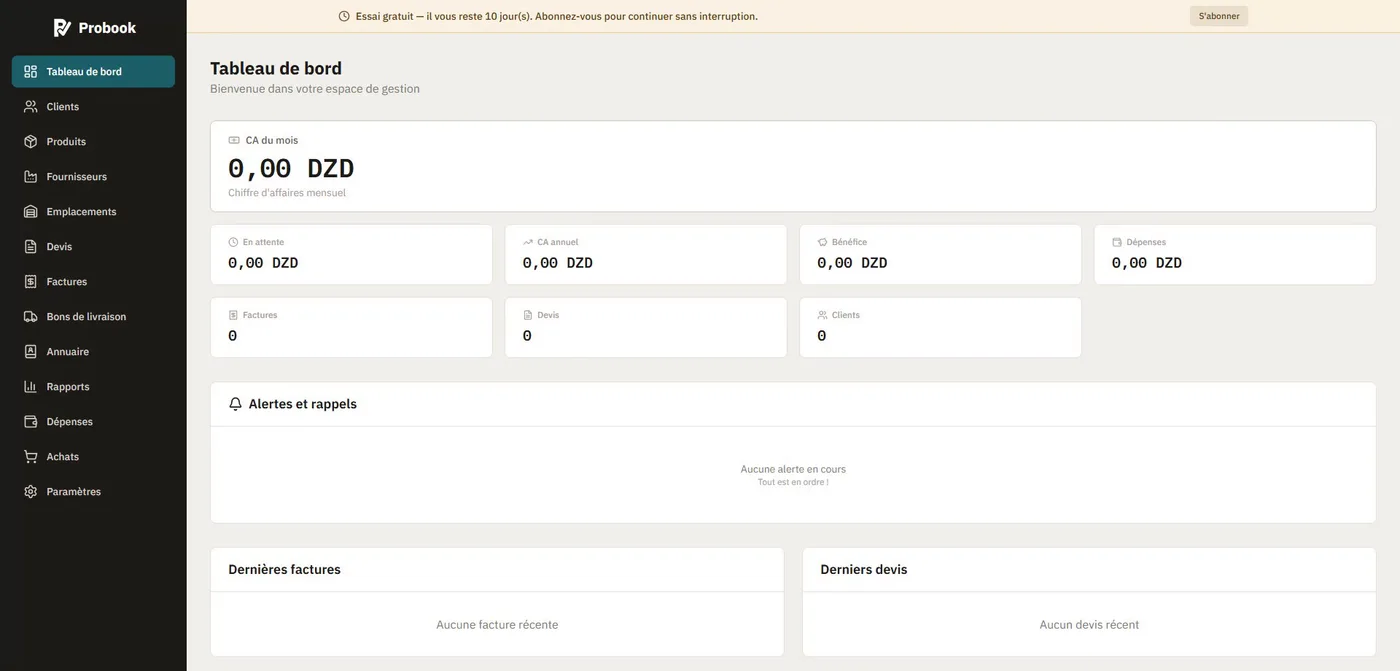 Tableau de bord Probook : chiffre d’affaires, factures en attente, alertes et menu des modules.