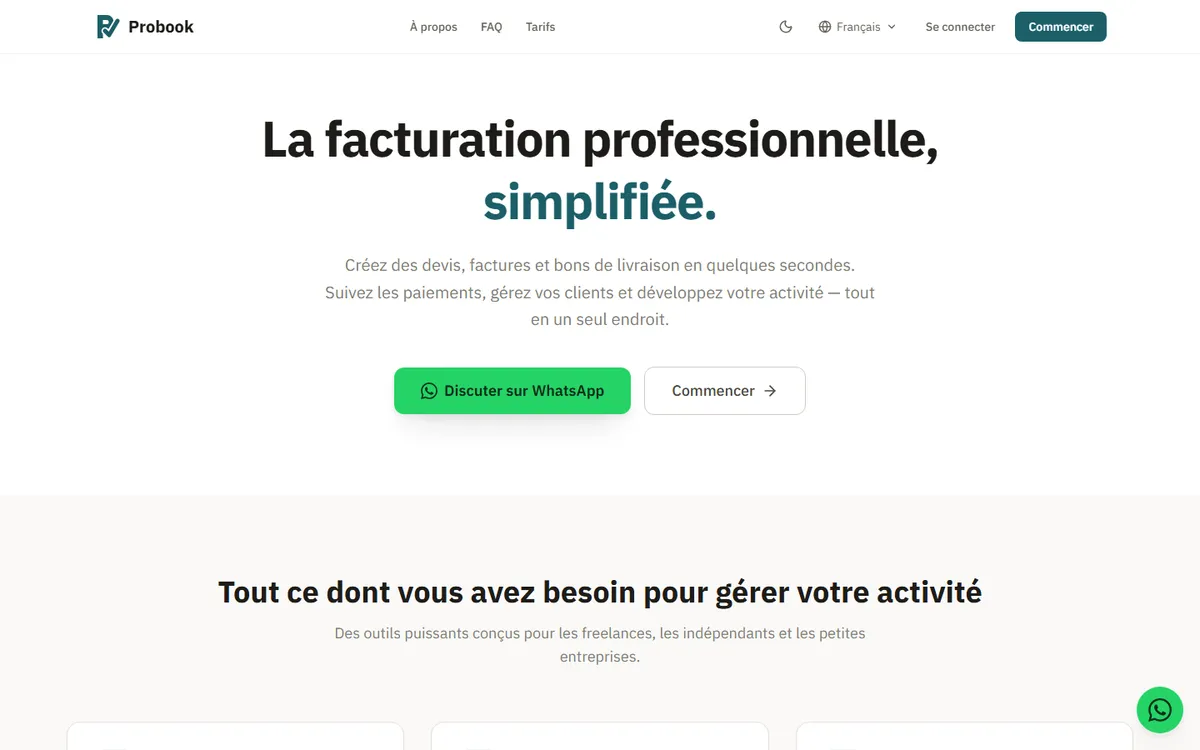 Page d'accueil de probookapp.net en français : « La facturation professionnelle, simplifiée. »